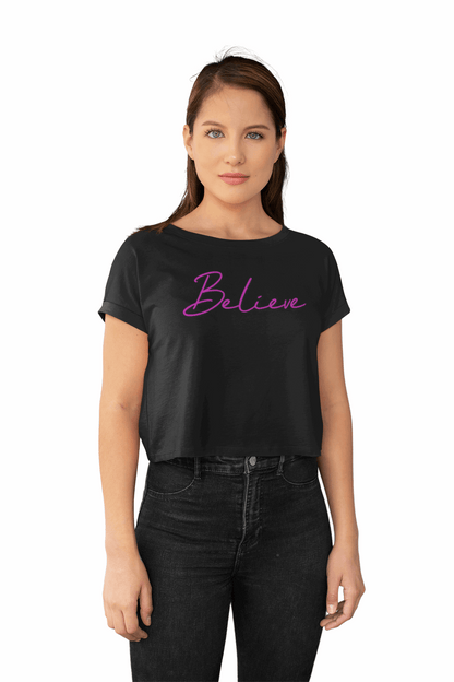 Believe Stylish Script Cropped Womens Tee