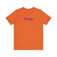 Flat lay thumbnail of Cotton T-Shirt in color Purple on Heather Orange on a white background