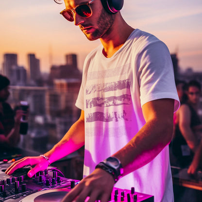 Showing a Dj wearing the Fifth Frequency ultrasoft modern fit for djs and music festivals