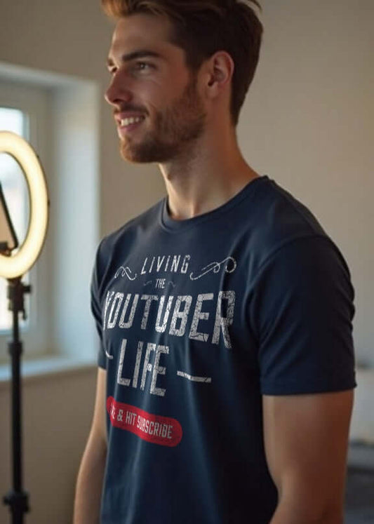 A confident 27 year old male model content creator wearing the living the youtuber life tee in navy blue