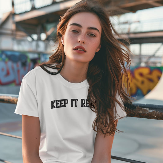 "Keep It Real" soft cotton short sleeve college type jersey tee for her