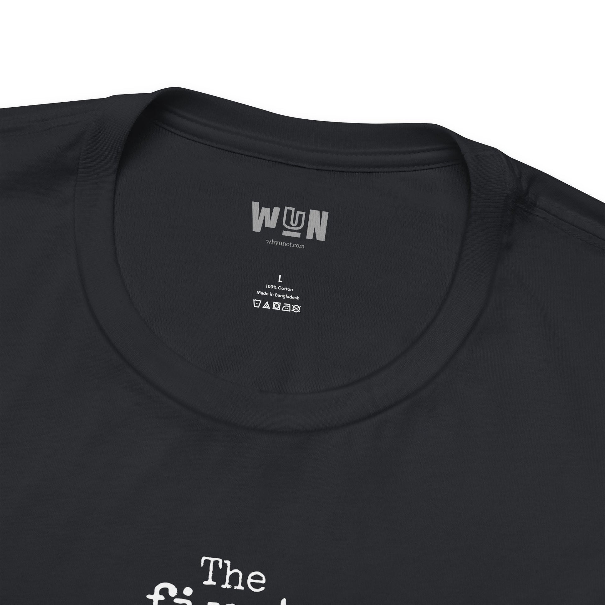 Close up of the neckline with WhyUnot.com logo