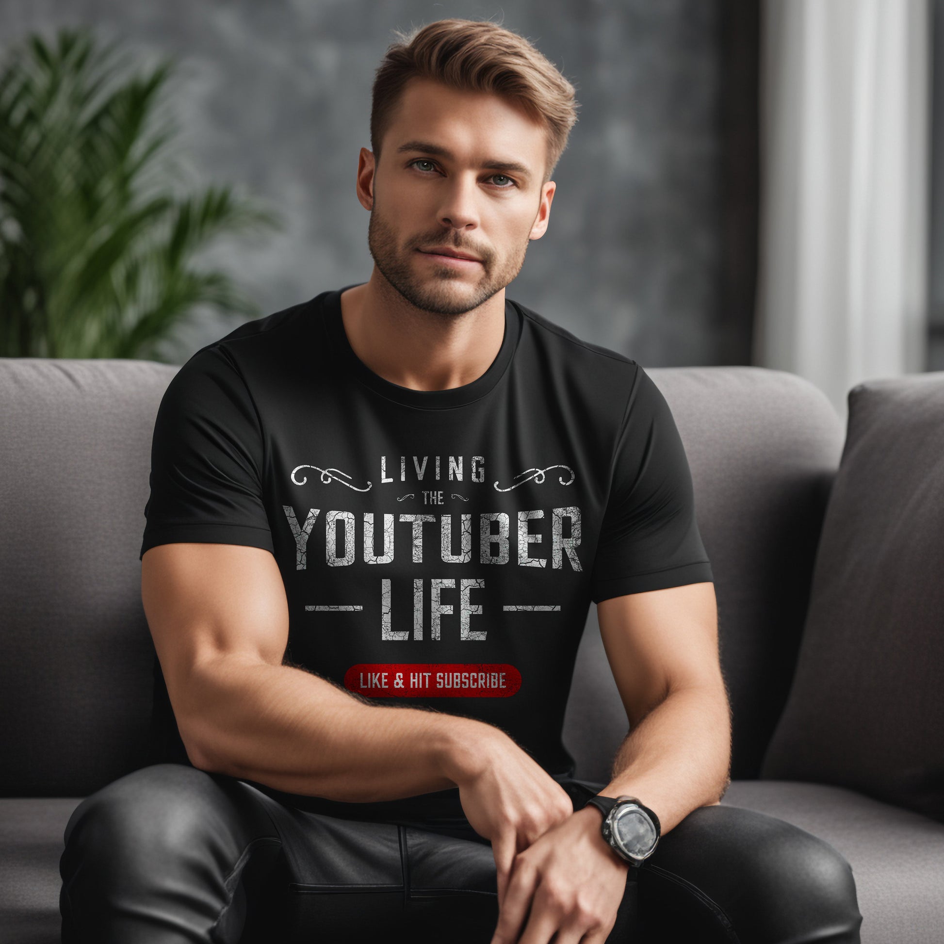 a man sitting on a couch wearing a black shirt