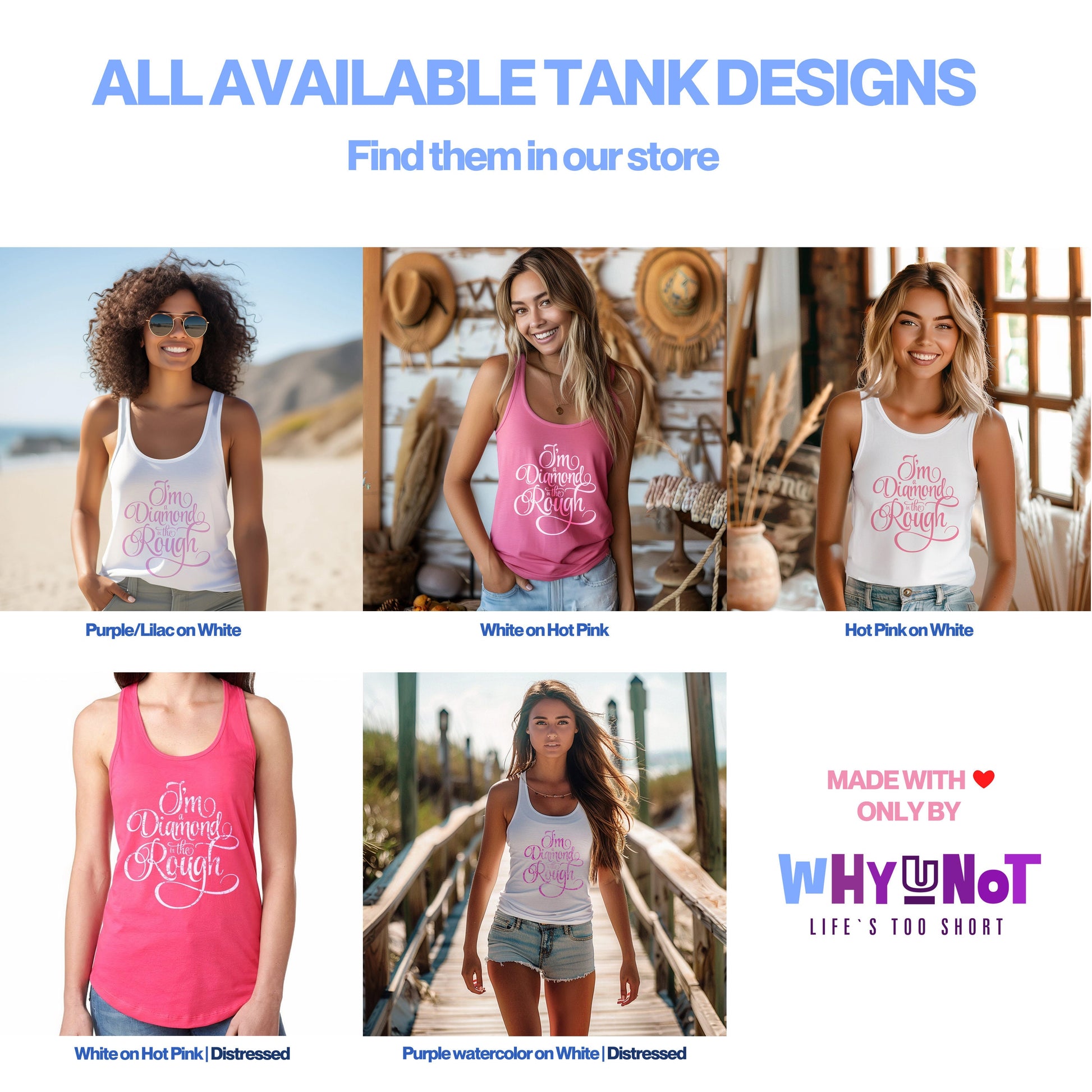 a group of women wearing tank tops on a beach