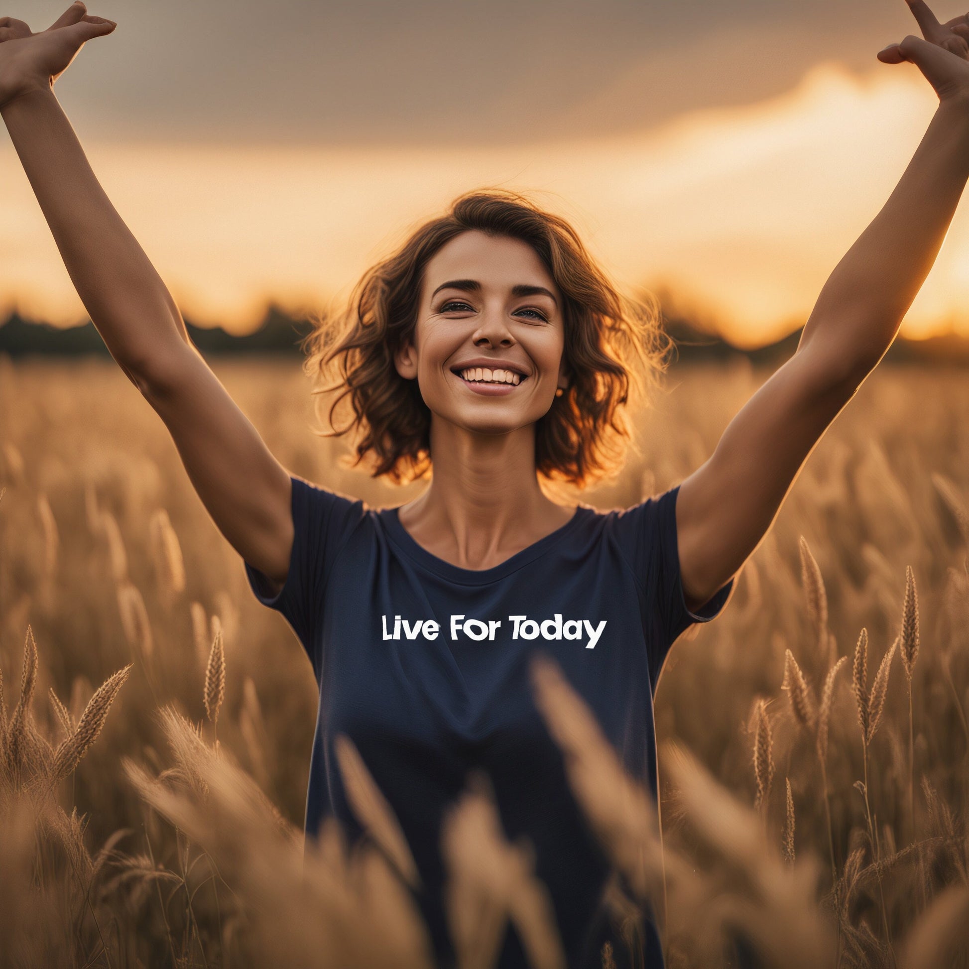 A smiling woman standing in a field with her hands up wearing the navy Live for today t-shirt