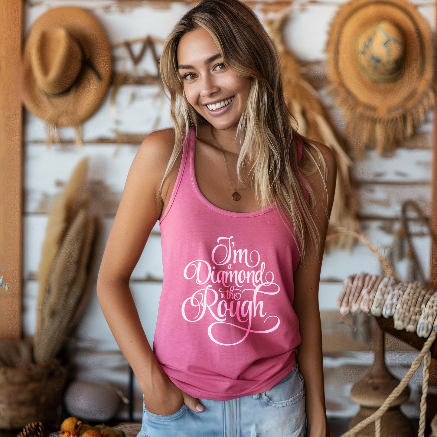 Im a Diamond in the Rough Beach Summer Tank Top | Scooped neckline | White on Hot Pink