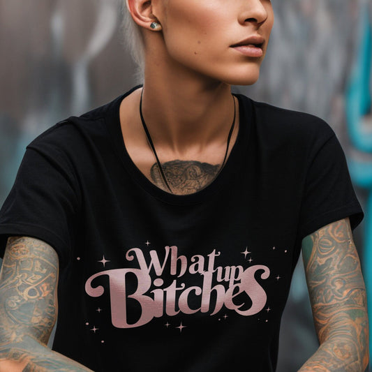 Women's Cropped graphic tee with "What Up Bitches" Punk Fashion