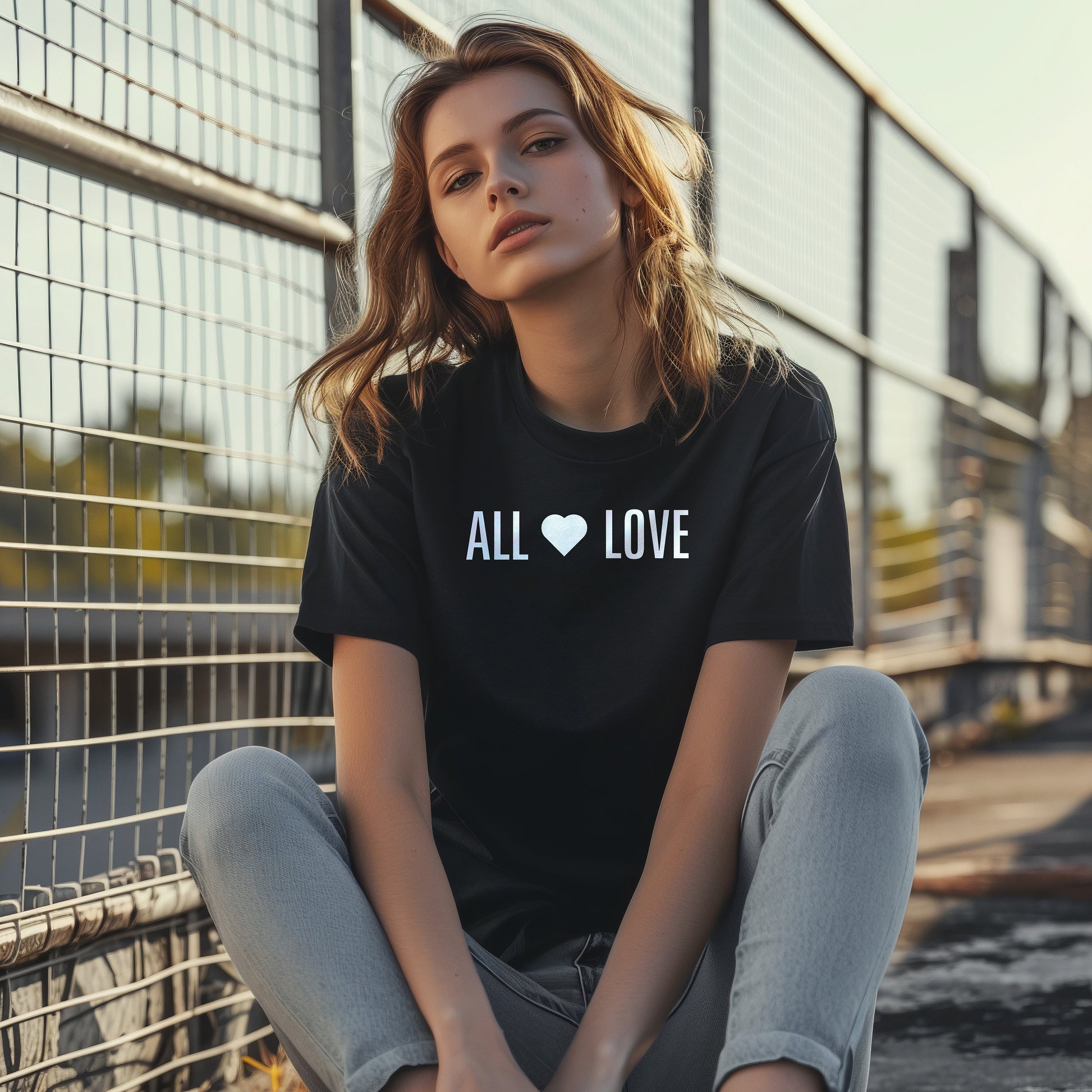 All Love Tee worn by a young women in skatepark