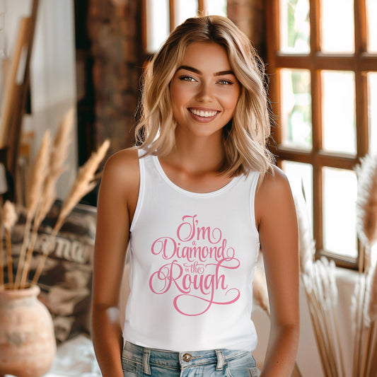 Im a Diamond in the Rough Beach Summer Tank Top | Scooped neckline | Hot Pink on White