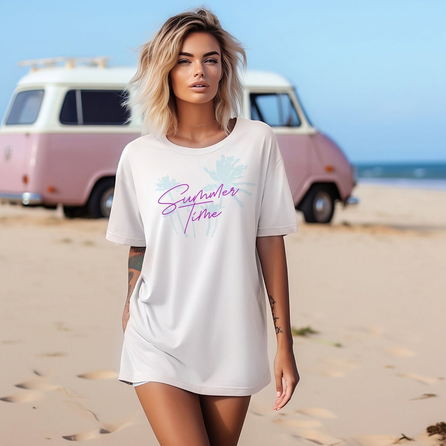 Summer Time Boyfriend T-Shirt Cut & Sew Tee | White, blue and pink