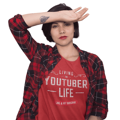Showing a women wearing the living the youtuber life tee in CVC Red