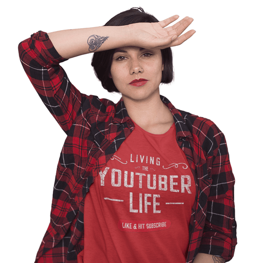 Showing a women wearing the living the youtuber life tee in CVC Red