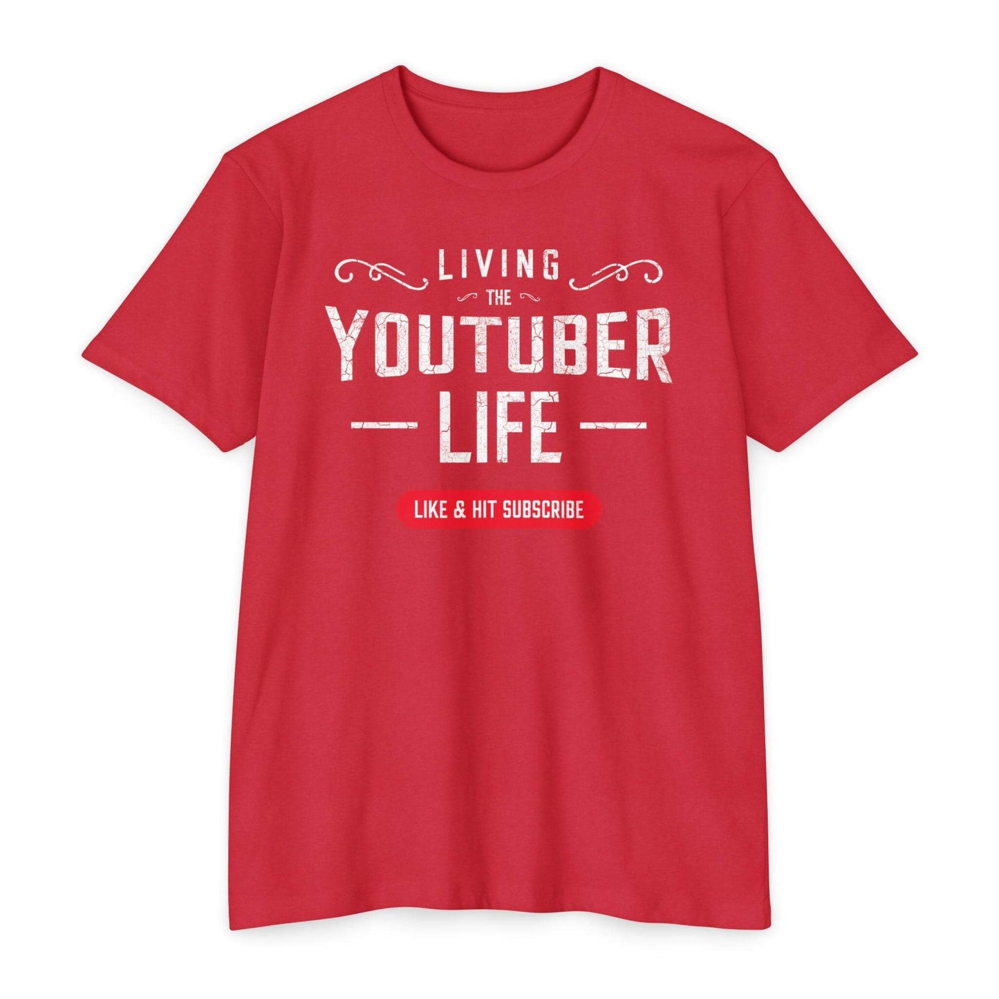 Showing a flat lay of the Living the Youtuber Life tee in CVC red