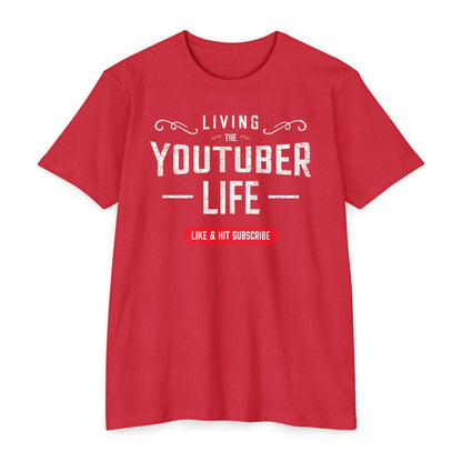 Showing a flat lay of the Living the Youtuber Life tee in CVC red