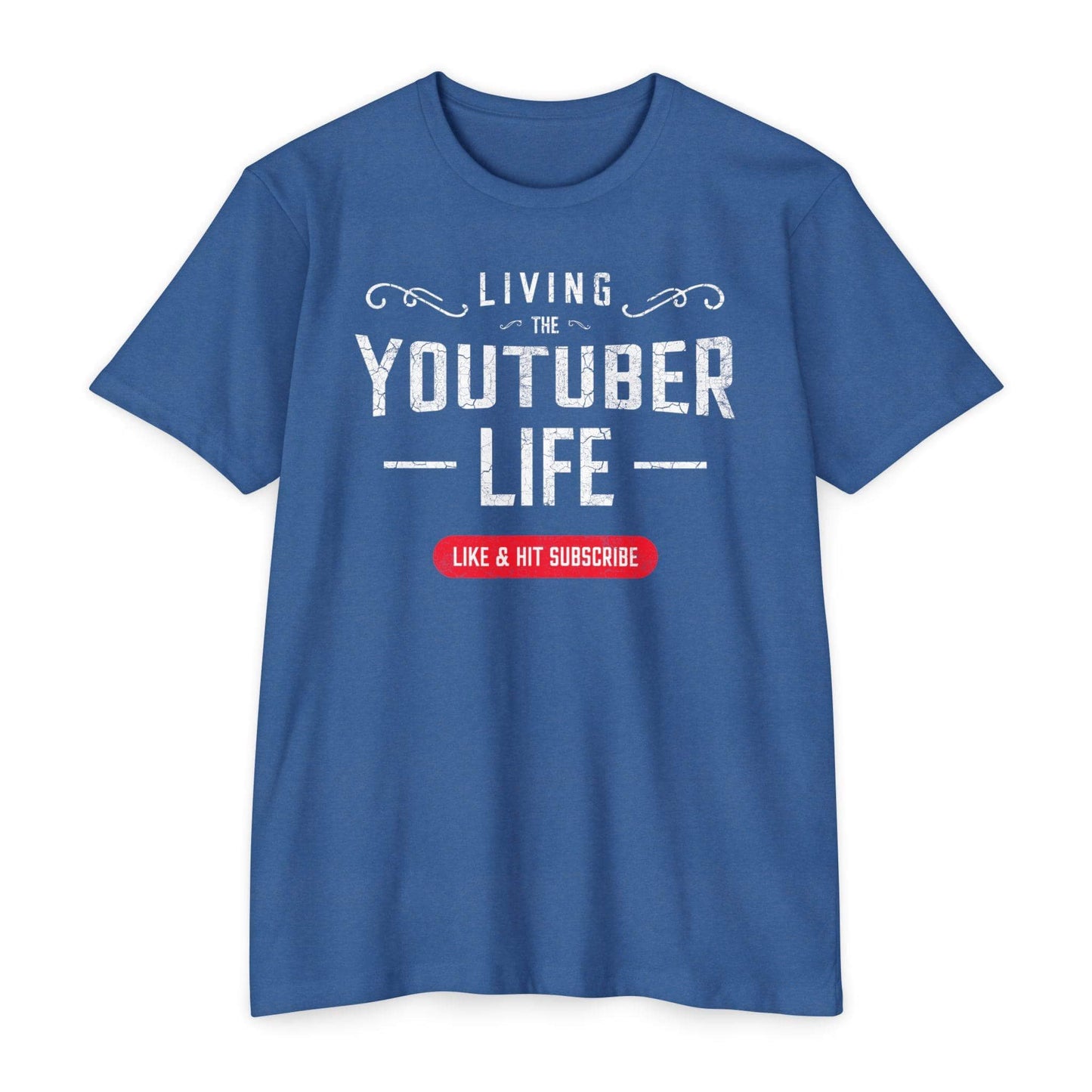 Showing a flat lay of the Living the Youtuber Life tee in heather cool blue
