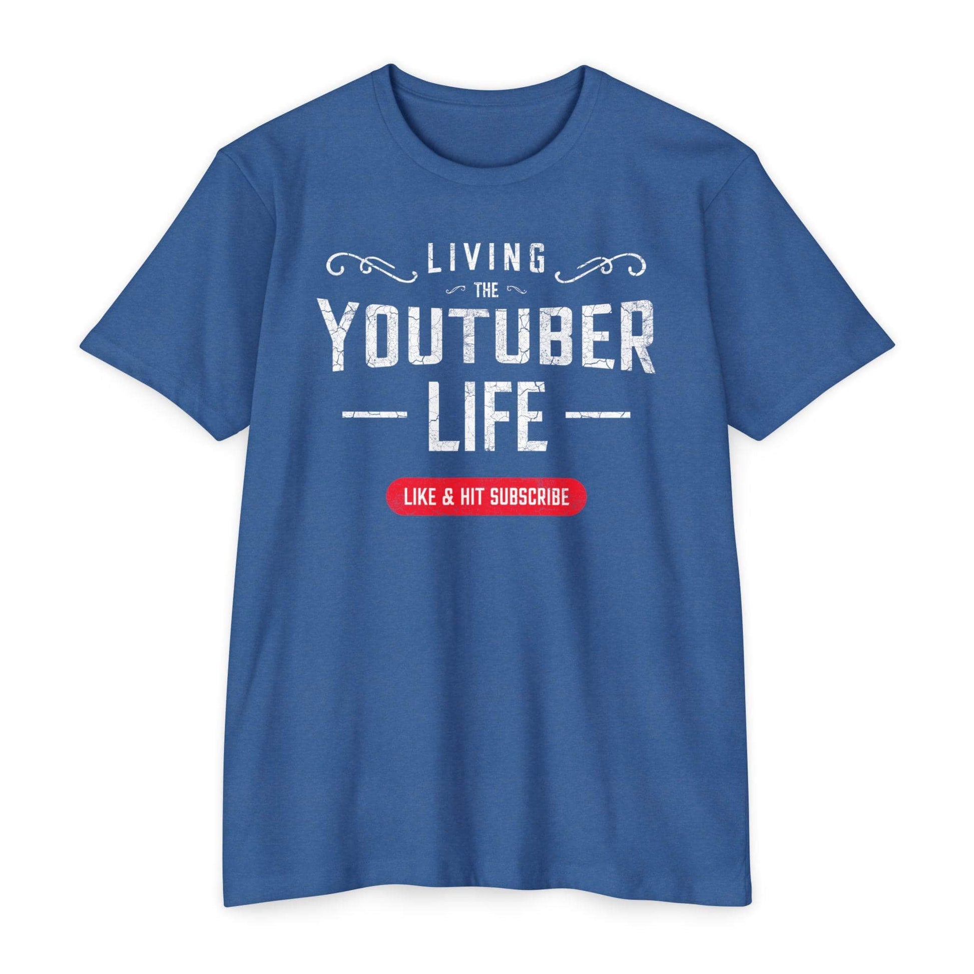 Showing a flat lay of the Living the Youtuber Life tee in heather cool blue