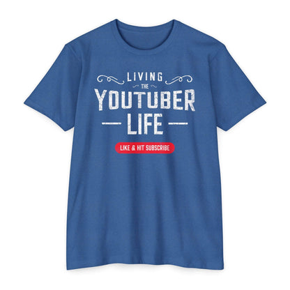 Showing a flat lay of the Living the Youtuber Life tee in heather cool blue