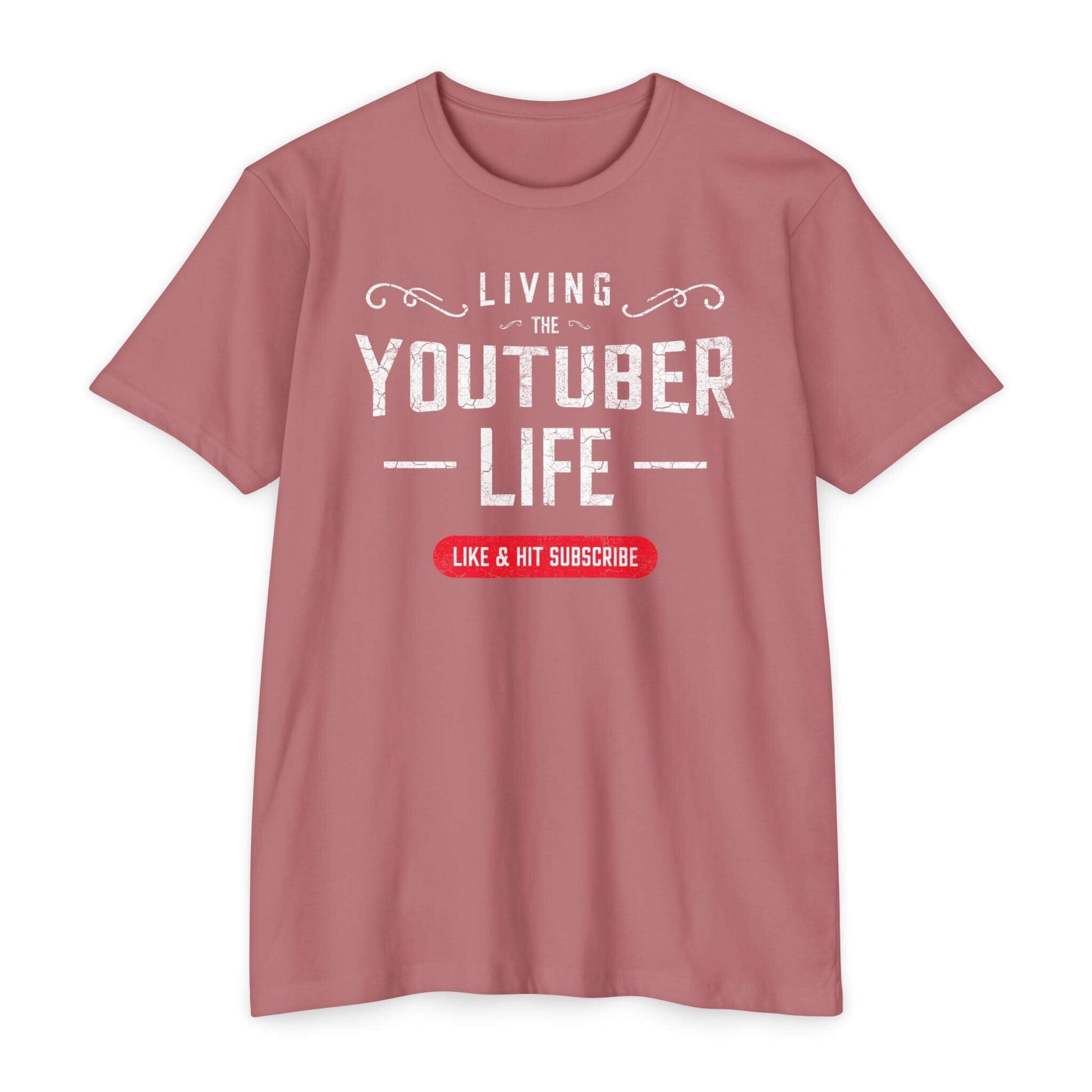 Showing a flat lay of the Living the Youtuber Life tee in heather mauve