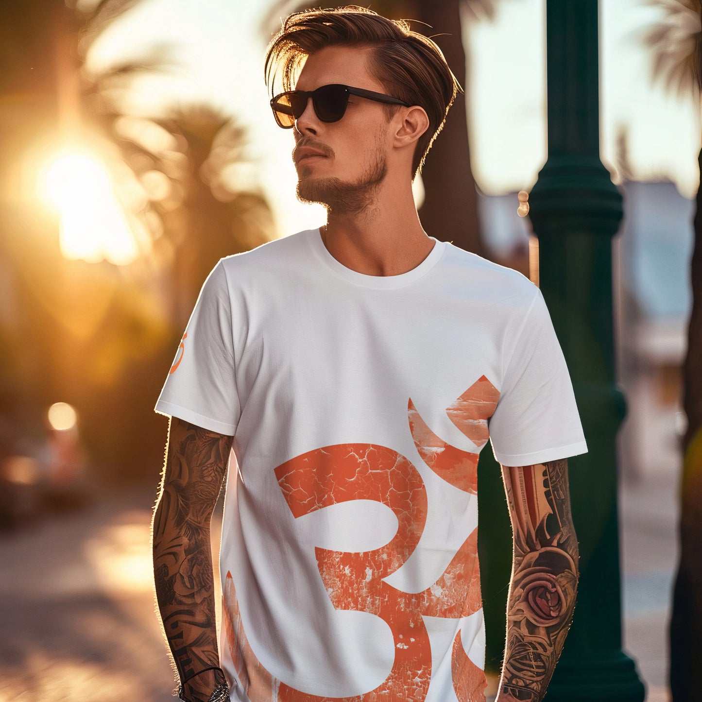 Distressed Ohm Symbol Vintage Spiritual Tee for Men (White)