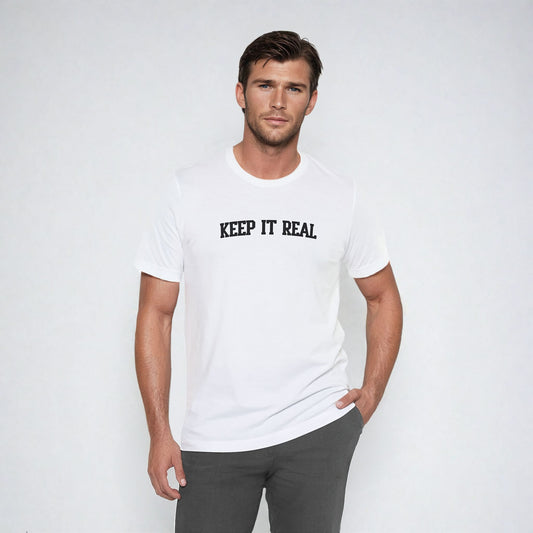 "Keep It Real" soft cotton 'college type' jersey tee for him