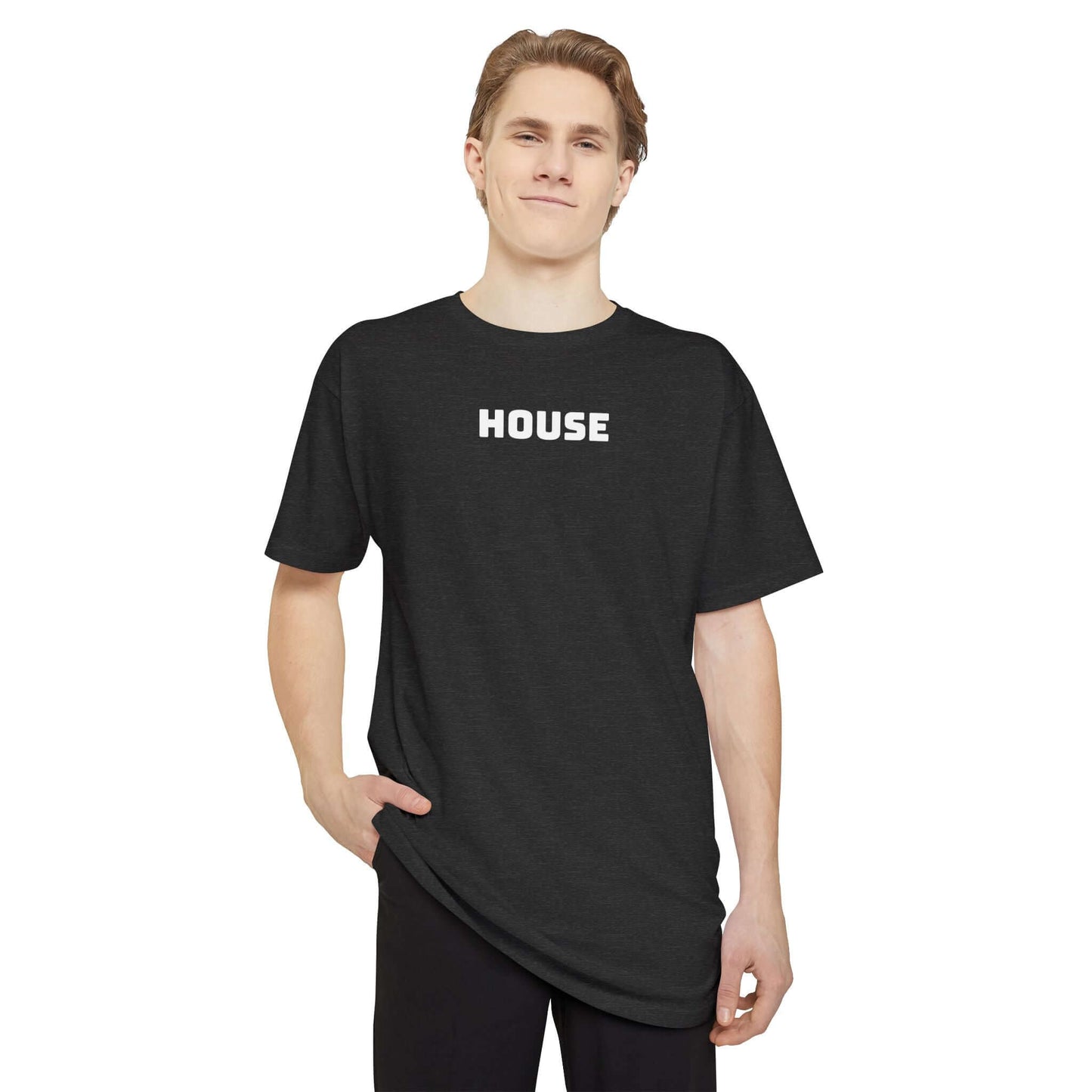 Model wearing the BLACK version of the oversized HOUSE tee from the front 
