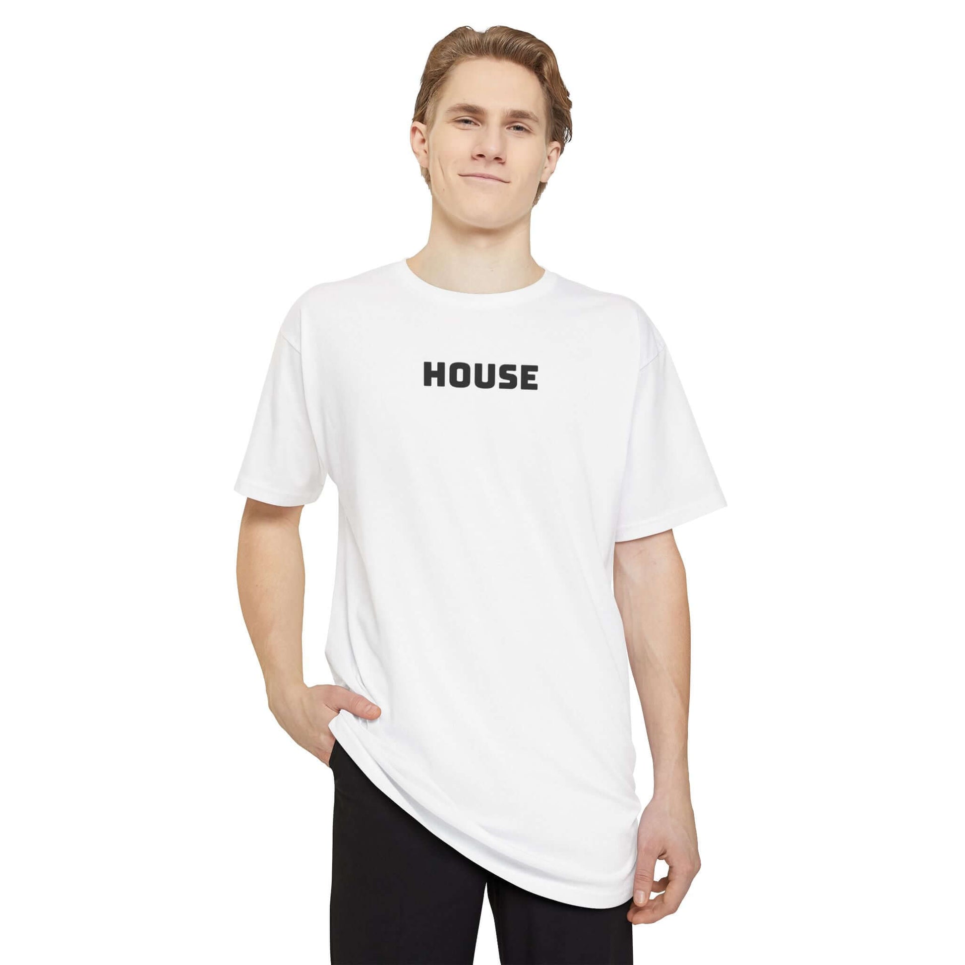 Model wearing the WHITE version of the oversized HOUSE tee from the front 