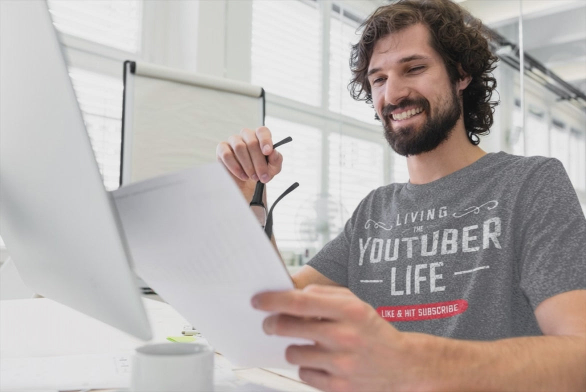 Showing Living the life Youtuber Tee -large graphic blended mens tee lifestyle video male heather gray