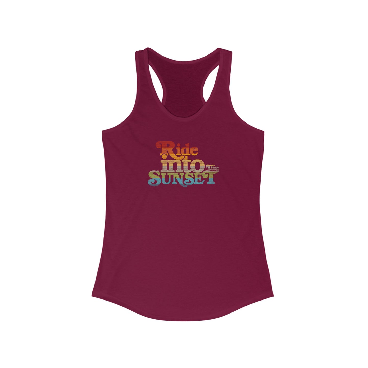 View of the Vintage Ride Into The Sunset Front Flat View Cardinal Red Racerback Tank Top