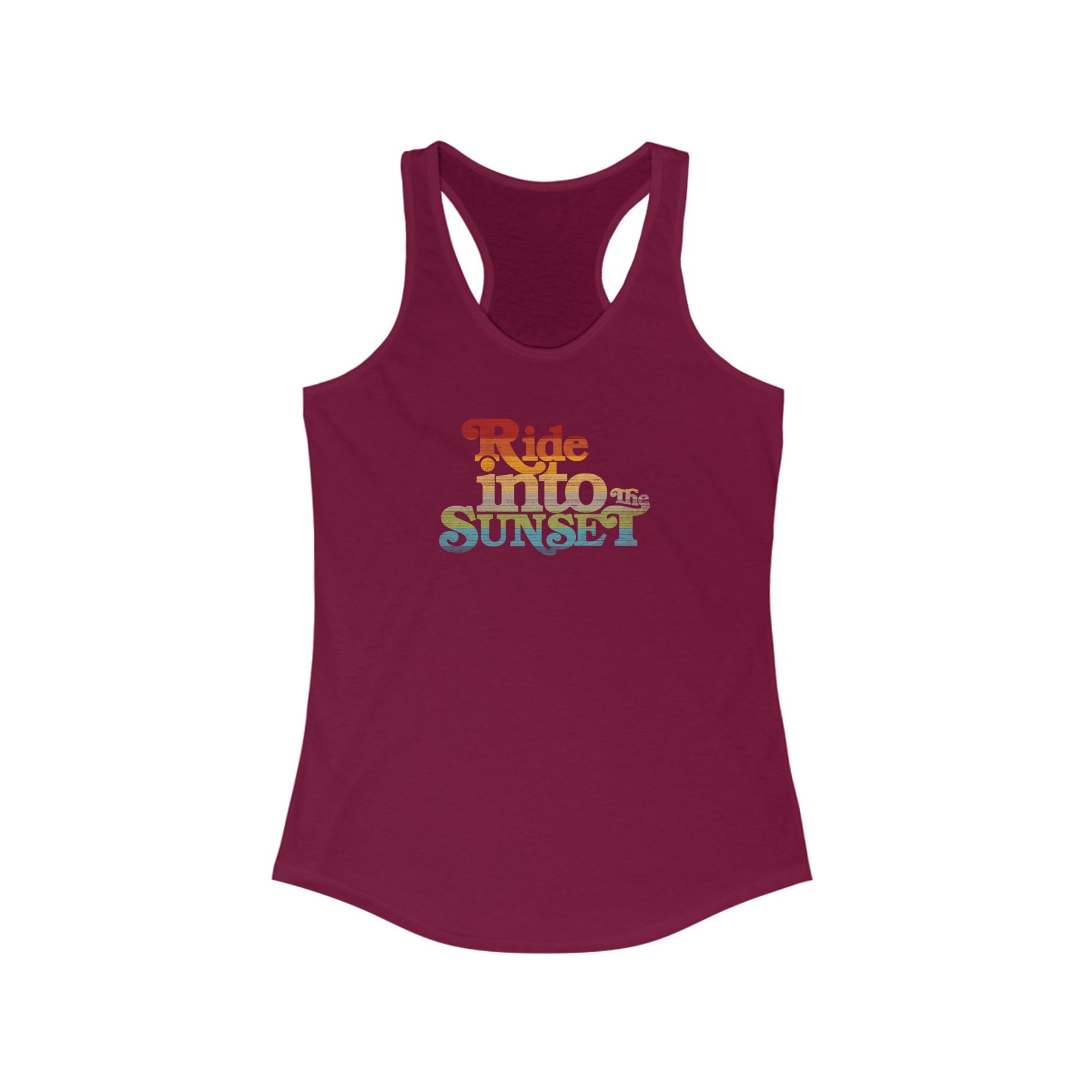 View of the Vintage Ride Into The Sunset Front Flat View Cardinal Red Racerback Tank Top