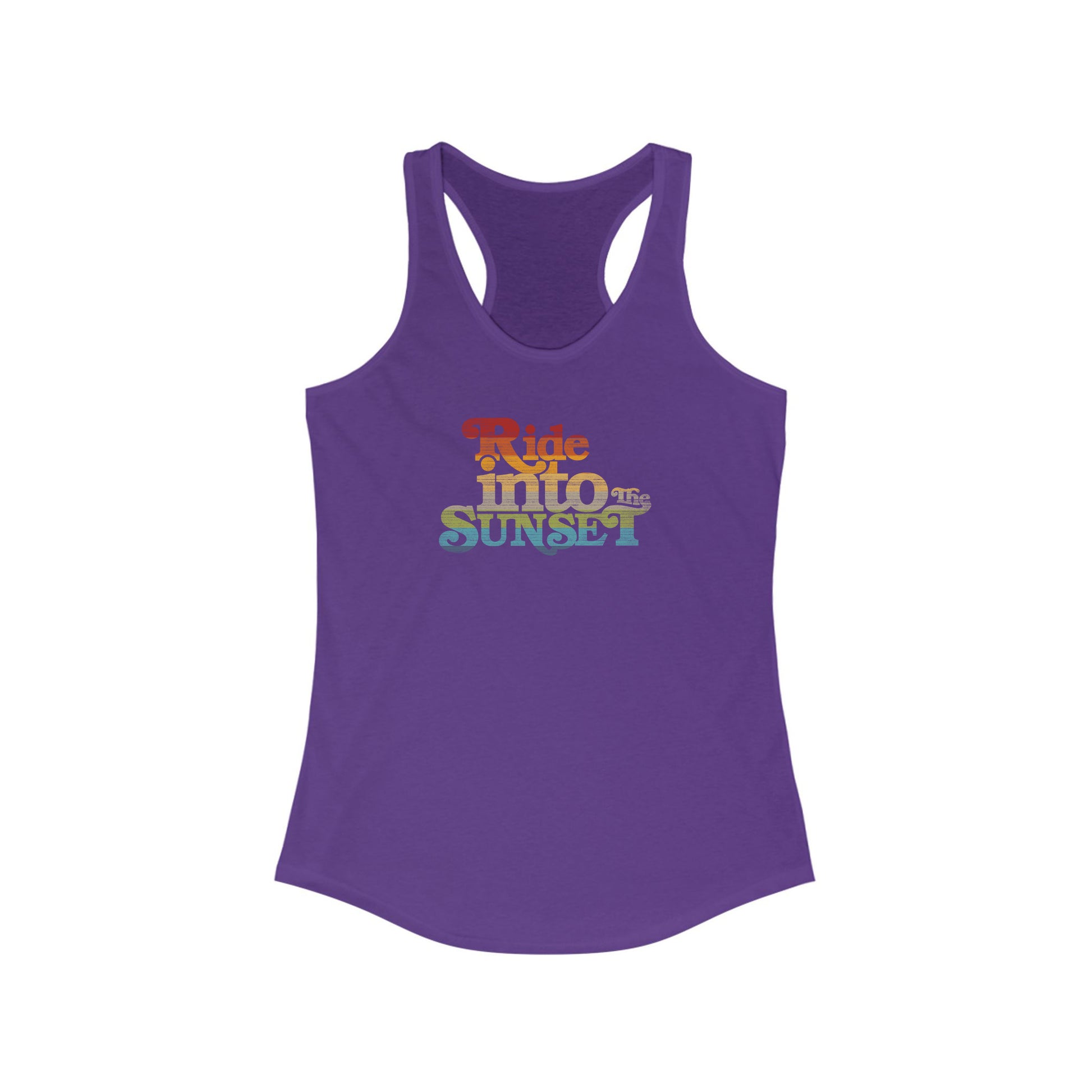 View of the Vintage Ride Into The Sunset Front Flat View Solid Purple Rush Racerback Tank Top