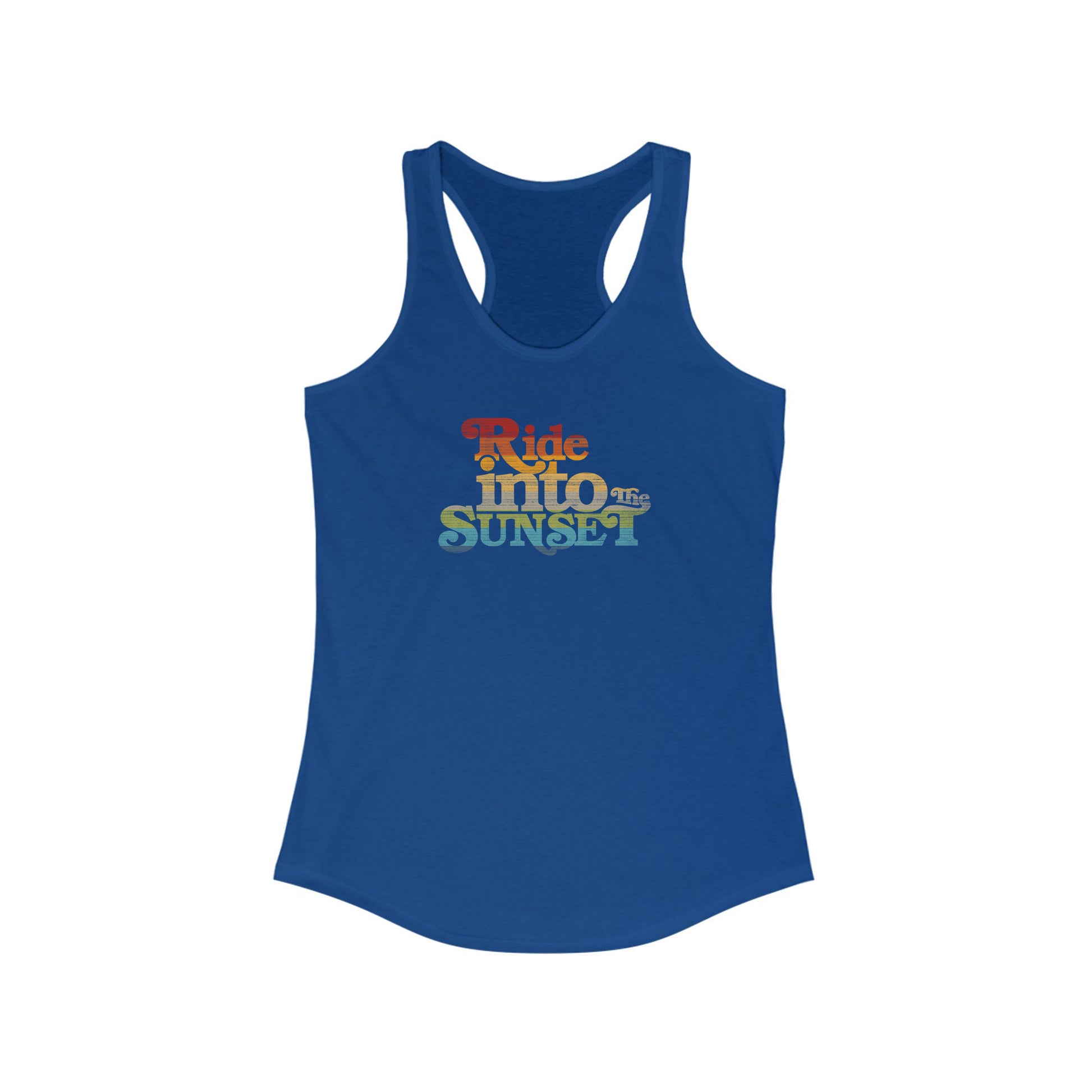 View of the Vintage Ride Into The Sunset Front Flat View Royal Blue Racerback Tank Top